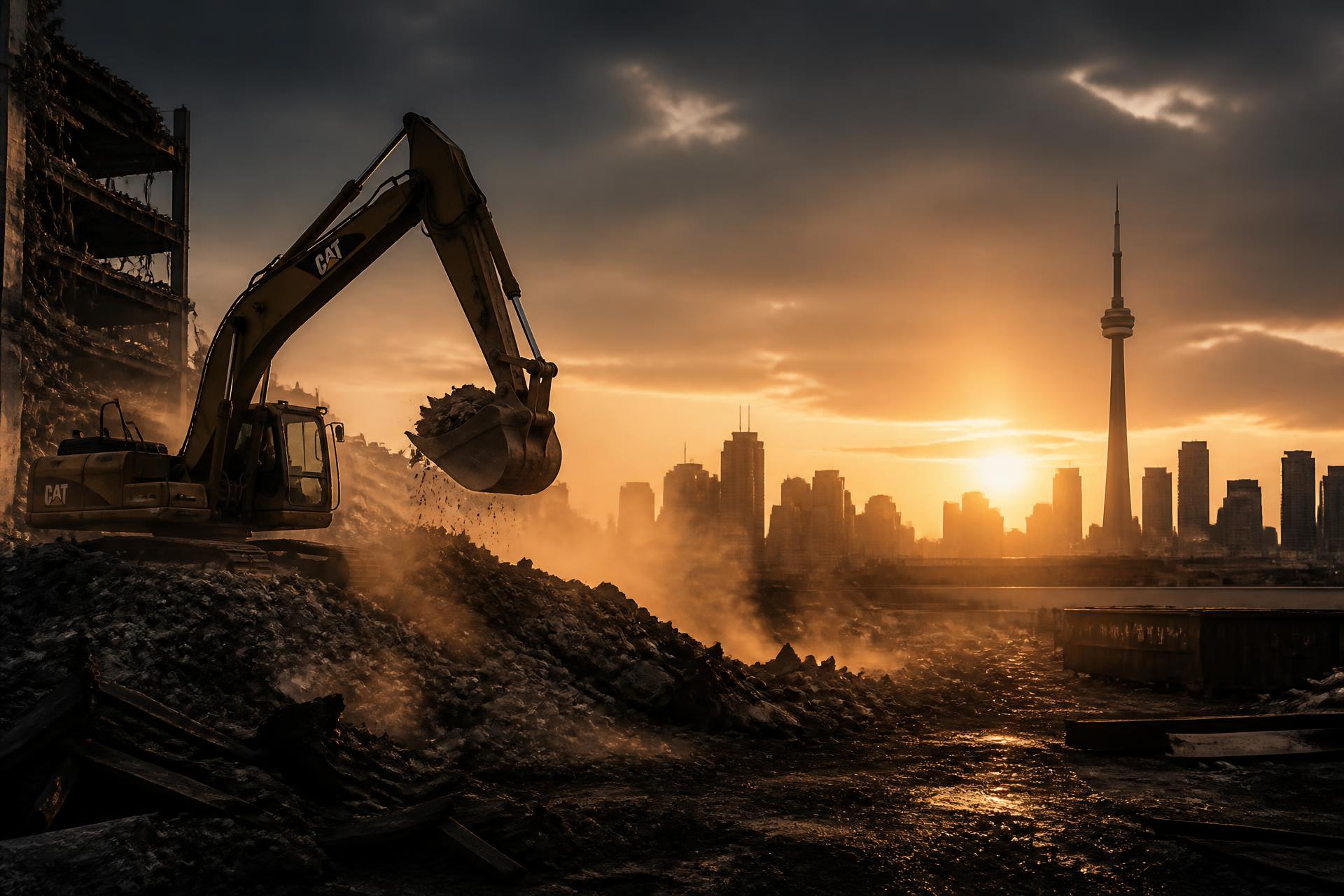 Excavator clearing a Toronto demolition site at sunset with CN Tower silhouette